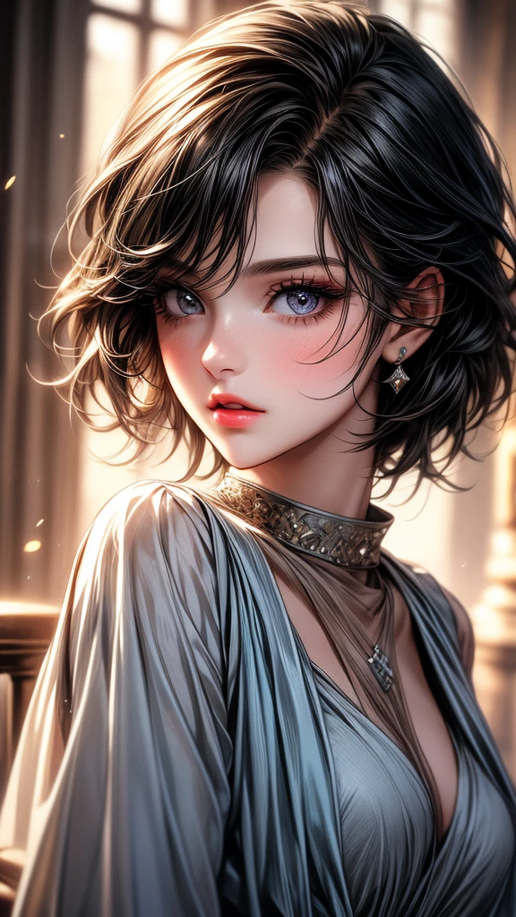 A cute girl, little sister, beautiful detailed eyes,beautiful detailed lips, black hair, short hair, ye eyes, off-soldiers, beautiful dress, extremely detailed eyes and face,long eyelashes, illustration, ultra-detailed, best quality, 4k, 8k, highres, masterpiece:1.2,ultra-fine painting,sharp focus,professional,vivid colors,portraits, parted lips.