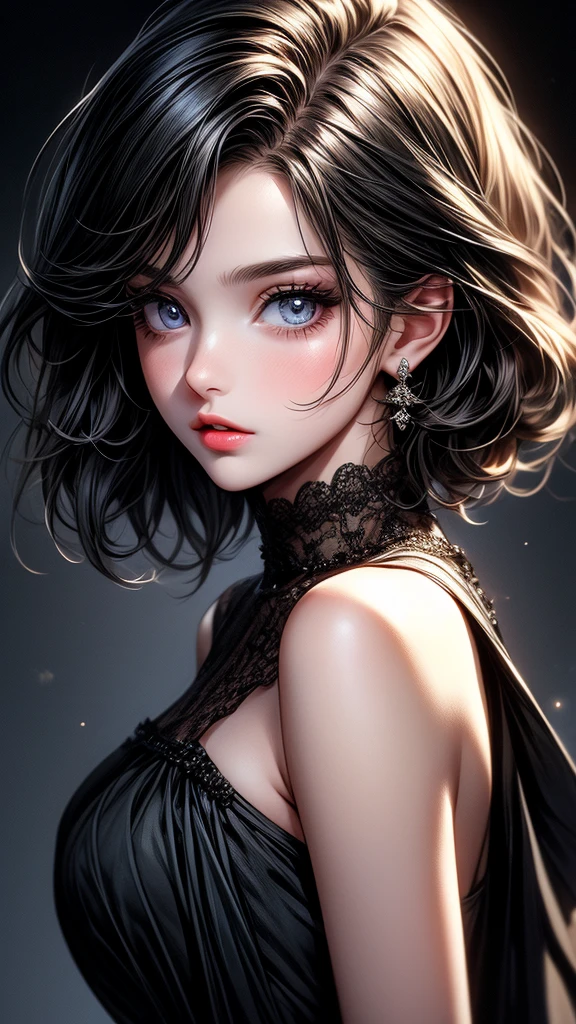 A cute girl, little sister, beautiful detailed eyes,beautiful detailed lips, black hair, short hair, ye eyes, off-soldiers, beautiful dress, extremely detailed eyes and face,long eyelashes, illustration, ultra-detailed, best quality, 4k, 8k, highres, masterpiece:1.2,ultra-fine painting,sharp focus,professional,vivid colors,portraits, parted lips.