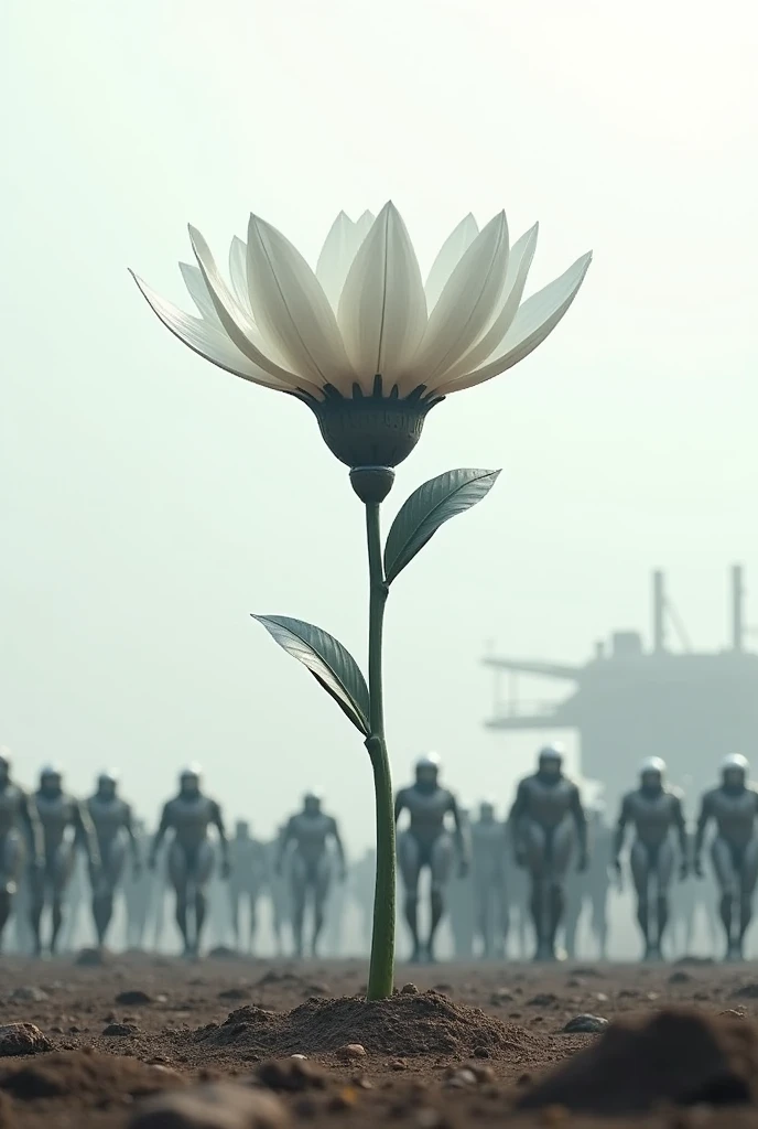 generate an image of a somewhat robotic flower reborn from the earthen soil and in the background it looks like a type of robot army and the sky looks white like a type of apocalyptic futuristic color