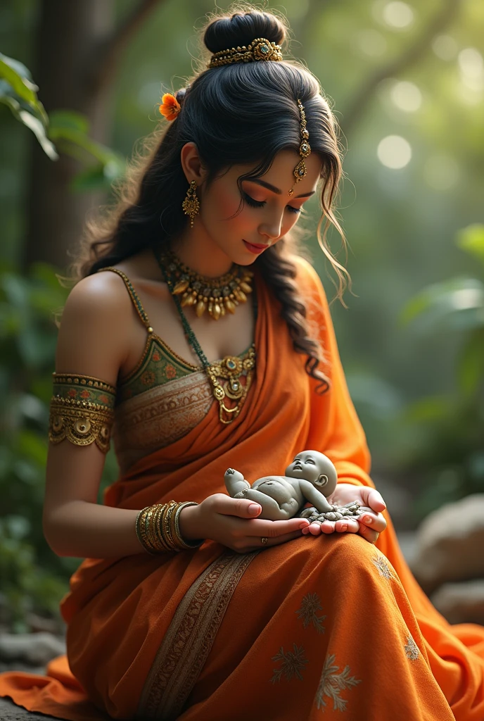 “Devi Parvati’s Bath”: Devi Parvati during her bath, crafting a small clay statue. The scene should depict a serene and natural environment, with Parvati focused on her task.