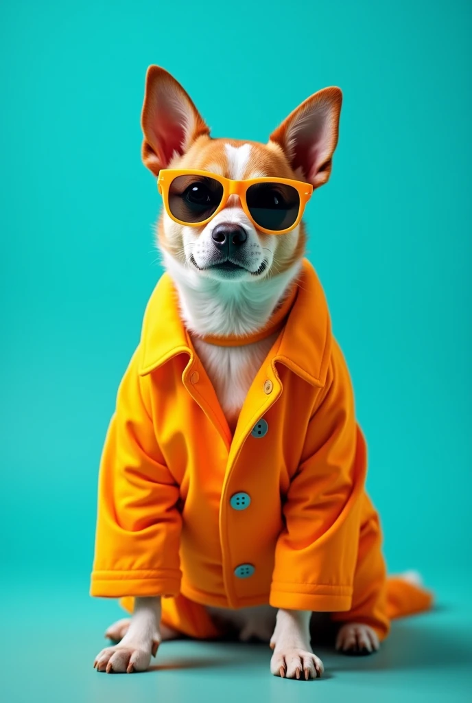 The best cell phone wallpaper, Award-Winning Wallpaper, portrait photography, In the front view is a portrait of a cute dog wearing mid-1960s space age fashion, Side view photo, Shot with Canon EOS R5, Set a strong contrast that accentuates the subject, Fluorescent blue tone, Wearing a very modern coat and sunglasses is a modern 1960s style, Clothes all in one color, beautiful background