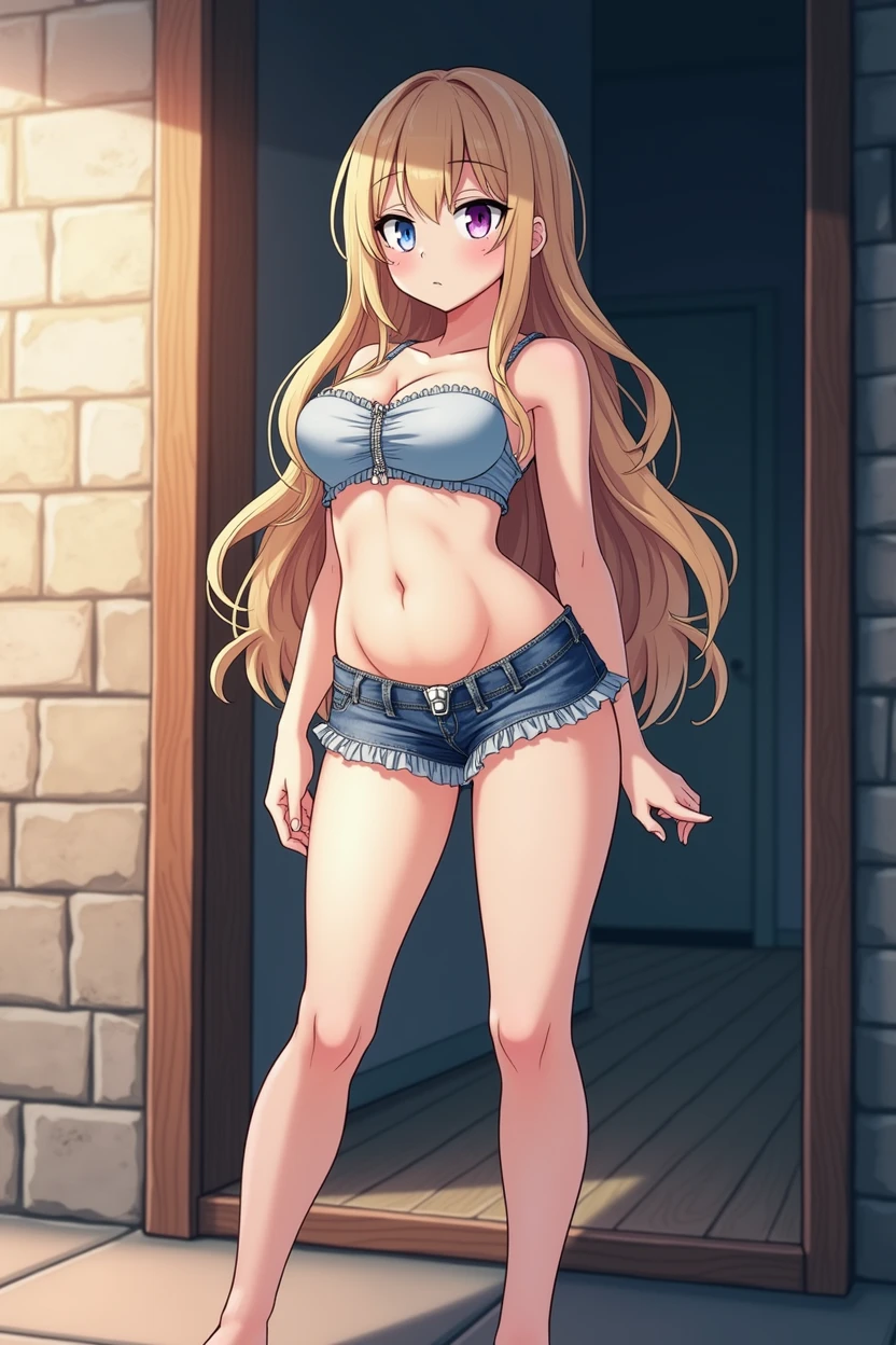 mini denim tight skirt,Skirt zipper fully open,Clothes that don't fit,Clothes that seem to be bursting,Miniryu Tube Top,stomach,belly button,Busty as if bursting,Underboob,Cleavage,barefoot,