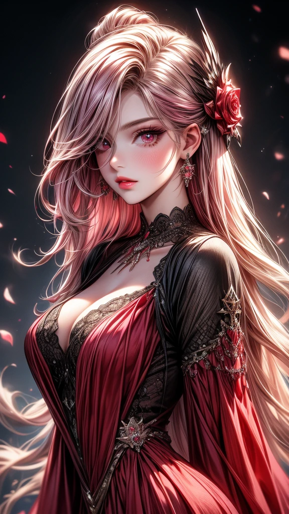 A cute , littter, beautiful detailed eyes,beautiful detailed lips, pink hair, very long hair, Ruby red eyes, off-soldiers, beautiful dress, extremely detailed eyes and face,long eyelashes, illustration, ultra-detailed, best quality, 4k, 8k, highres, masterpiece:1.2,ultra-fine painting,sharp focus,professional,vivid colors,portraits, parted lips.