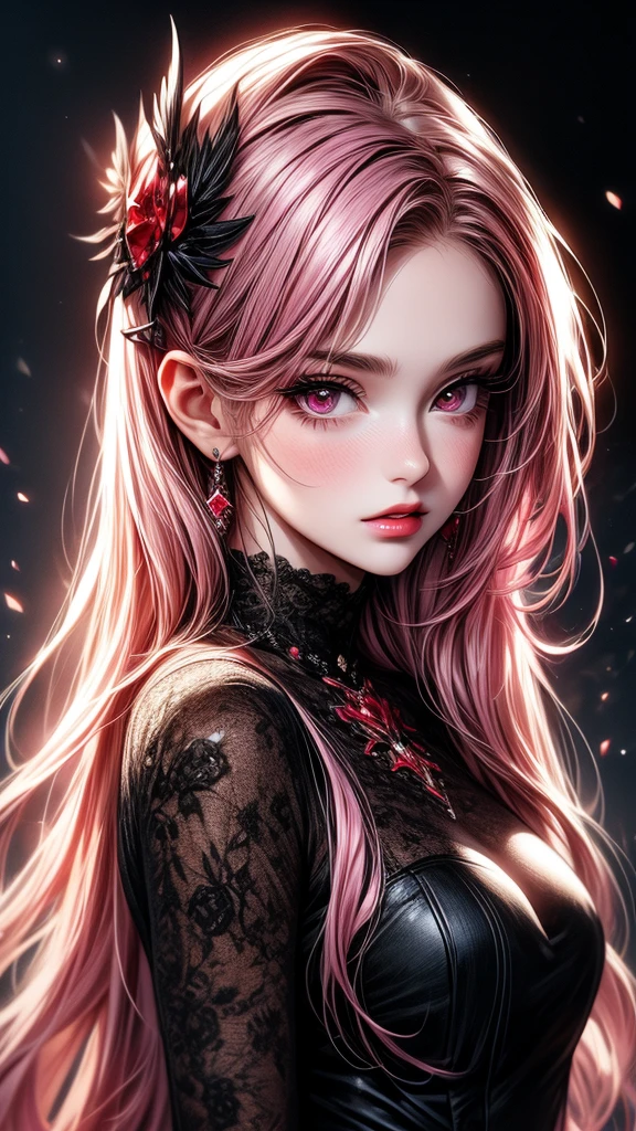 A cute girl, little sister, beautiful detailed eyes,beautiful detailed lips, pink hair, very long hair, Ruby red eyes, off-soldiers, beautiful dress, extremely detailed eyes and face,long eyelashes, illustration, ultra-detailed, best quality, 4k, 8k, highres, masterpiece:1.2,ultra-fine painting,sharp focus,professional,vivid colors,portraits, parted lips.