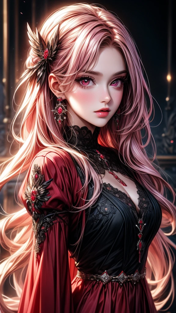 A cute girl, little sister, beautiful detailed eyes,beautiful detailed lips, pink hair, very long hair, Ruby red eyes, off-soldiers, beautiful dress, extremely detailed eyes and face,long eyelashes, illustration, ultra-detailed, best quality, 4k, 8k, highres, masterpiece:1.2,ultra-fine painting,sharp focus,professional,vivid colors,portraits, parted lips.