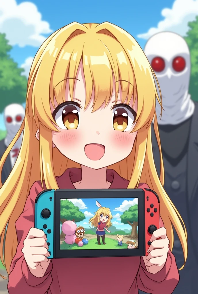 sorry、That was a bad explanation。Draw a girl playing a game in anime style。cute!Yaruyan!but、I like girls with long blonde hair。it's cool!Nintendo Switchをさせて、Please draw me looking like I'm having fun。Wow, I really like it!If I had to say、Draw it a little more colorfully。The screen is upside down。Please play a game with the man with his face hidden.。