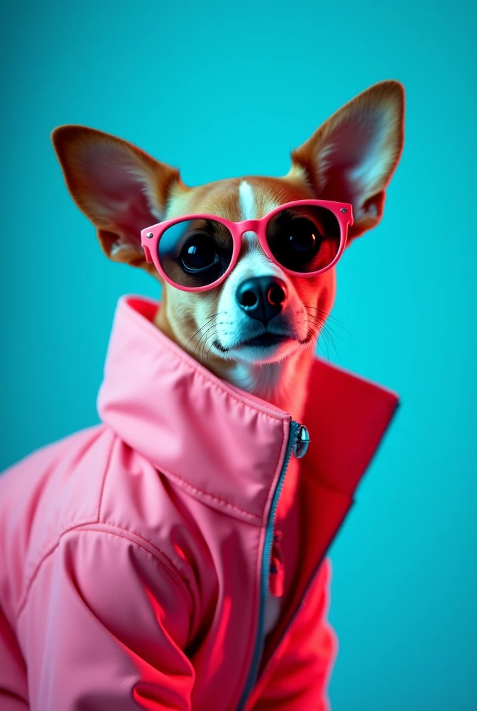 The best cell phone wallpaper, Award-Winning Wallpaper, portrait photography, In the front view is a portrait of a cute dog wearing mid-1960s space age fashion, Side view photo, Shot with Canon EOS R5, Set a strong contrast that accentuates the subject, Fluorescent blue tone, Wearing a very modern coat and sunglasses is a modern 1960s style, Clothes all in one color, beautiful background
