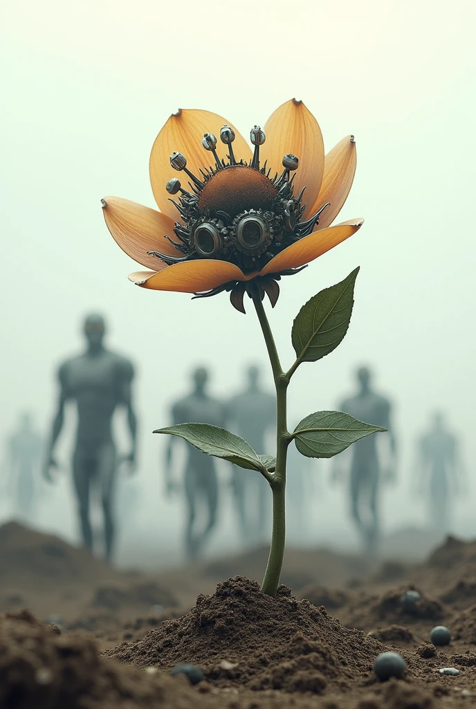 generate an image of a somewhat robotic flower reborn from the earthen soil and in the background it looks like a type of robot army and the sky looks white like a type of apocalyptic futuristic color