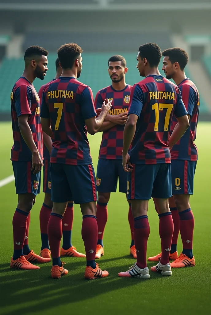 Group of soccer player discussing with club name phutaha in their shirt back