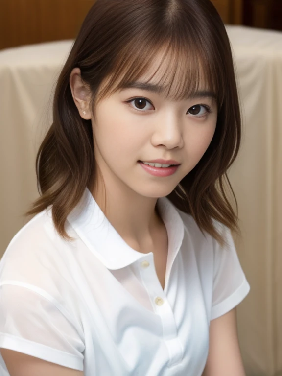 (Masterpiece, Best quality, 8K:1.3), (Ultra realistic, Photo-realistic:1.2), (From above:1.3), (Full body:1.1), (kneeling:1.1), (Seductive pose:1.1), Natural light, 28 years old actress, Japanese women, Neat and clean, (White tennis uniform, White short-sleeve polo shirt:1.2), (unbutton:1.3), (White tennis mini skirt:1.2), White sock, (Beautiful thighs:1.1), (ponytail:1.2), (Short wavy hair:1.1), Light brown hair color, (Beautiful Face), Oval face, clear, Beautiful eyes, Kind eyes, Bedroom eyes, (Clear skin), Natural makeup, Small face, Small mouth, Beautiful mouth, Approachable, Luxury hotel Suite room, On bed, Seductive smile, Shy,