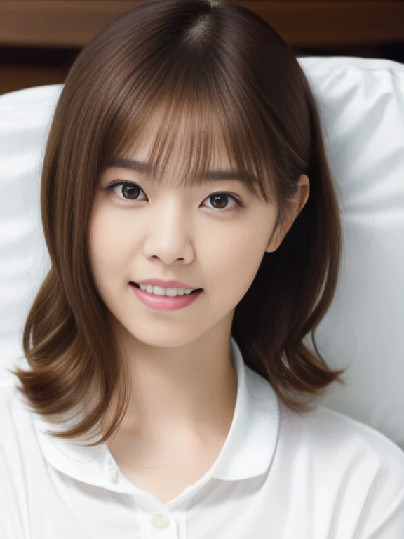 (Masterpiece, Best quality, 8K:1.3), (Ultra realistic, Photo-realistic:1.2), (From above:1.3), (Full body:1.1), (kneeling:1.1), (Seductive pose:1.1), Natural light, 28 years old actress, Japanese women, Neat and clean, (White tennis uniform, White short-sleeve polo shirt:1.2), (unbutton:1.3), (White tennis mini skirt:1.2), White sock, (Beautiful thighs:1.1), (ponytail:1.2), (Short wavy hair:1.1), Light brown hair color, (Beautiful Face), Oval face, clear, Beautiful eyes, Kind eyes, Bedroom eyes, (Clear skin), Natural makeup, Small face, Small mouth, Beautiful mouth, Approachable, Luxury hotel Suite room, On bed, Seductive smile, Shy,
