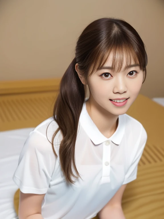 (Masterpiece, Best quality, 8K:1.3), (Ultra realistic, Photo-realistic:1.2), (From above:1.3), (Full body:1.1), (kneeling:1.1), (Seductive pose:1.1), Natural light, 28 years old actress, Japanese women, Neat and clean, (White tennis uniform, White short-sleeve polo shirt:1.2), (unbutton:1.3), (White tennis mini skirt:1.2), White sock, (Beautiful thighs:1.1), (ponytail:1.2), (Short wavy hair:1.1), Light brown hair color, (Beautiful Face), Oval face, clear, Beautiful eyes, Kind eyes, Bedroom eyes, (Clear skin), Natural makeup, Small face, Small mouth, Beautiful mouth, Approachable, Luxury hotel Suite room, On bed, Seductive smile, Shy,