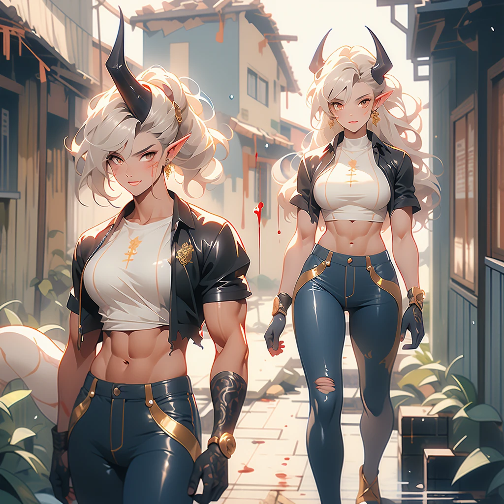 ((best quality)), ((masterpiece)), (detailed), 1 women elf-draconical heavy warrior, 8k_wallpaper, extremely detailed eyes, (large masterpiece digital art), (intricate details:1.3 ), (ultra-detailed:1.3), (sharp focus:1.3), (natural lighting:1.05), (vivid colors:1.3), (best quality:1.4), high quality, expressive eyes, full body, detailed face, beautiful face, perfect face, ((hair sandy white curls)), ((dragon dark horns)), (gold eyes), {{dark skin}}, ({dark skinned female}), big breasts, huge chest, powerful relief muscles of the abdomen and legs, powerful strong muscles of the arms, abdominal piercings, cruel predatory and cold-blooded arrogant look, a predatory smile with many fangs, open kimono of yellow and blue silk, white croptop with transparent wet cloth, under the clothes the clear outlines of large pointed nipples with piercings in the form of crosses appear, torn leather pants, the outlines of a wet vagina are clearly visible, steel gloves, wet, dirty, covered in blood, walking along the road between the houses of a destroyed village, dark cruel fantasy style,