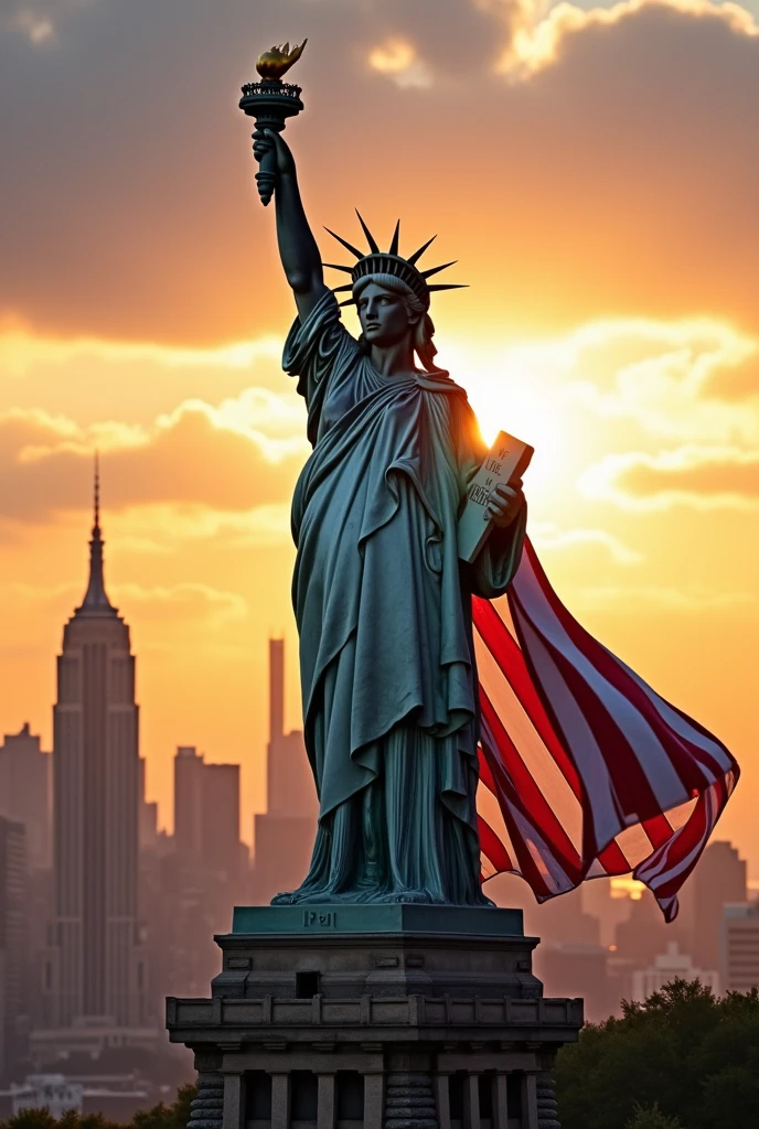 Vice President and presidential nominee Kamala Harris standing tall and proud, metamorphosed into the iconic Statue of Liberty. Her left hand holding a torch aloft to symbolize enlightenment, while her right hand is positioned in a gesture of welcoming embrace. Instead of the traditional robe, she wears a flowing gown of stars and stripes, billowing gently in the wind, blending the national colors with the grandeur of Lady Liberty's drapery. The seven-pointed crown on her head represents the seven continents and her role as a beacon of hope for the world. The New York City skyline is vividly depicted, with the actual Statue of Liberty standing in the distance, creating a harmonious blend of past and present. The sky is a blend of warm oranges and blues, reflecting the optimism of a new day. The image exudes power, unity, and progress, as the golden glow of the setting sun casts a majestic light on the scene, highlighting the words "We the People" inscribed at the base of the statue.