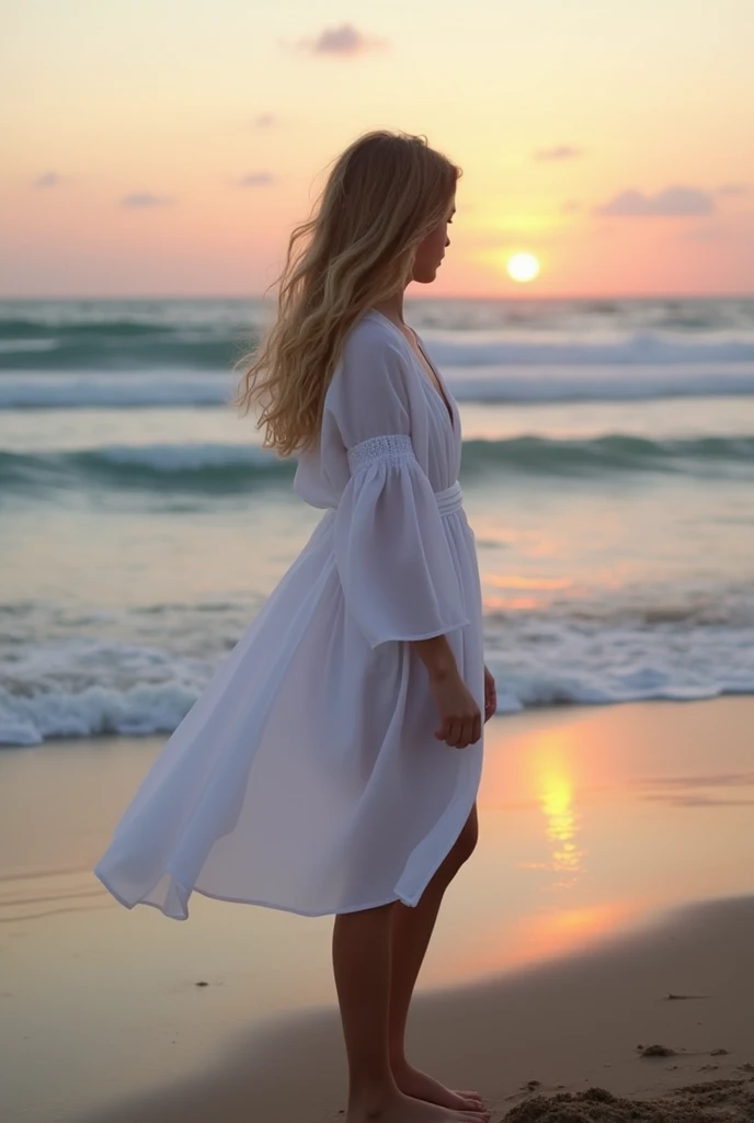 Une jeune fille blonde se tient sur une plage déserte au crépuscule, les vagues caressant doucement le rivage. Ses cheveux dorés sont légèrement ébouriffés par une brise marine, capturant les derniers rayons du soleil qui teintent le ciel de nuances roses et violettes. Elle porte une robe légère, blanche, qui flotte autour d'elle comme un voile dans l'air salin. Ses pieds nus s'enfoncent dans le sable frais, et son regard est perdu au loin, absorbé par l'horizon où le ciel rencontre l'océan infini. L'atmosphère est paisible, presque irréelle, comme si le temps s'était arrêté dans ce moment de calme absolu.