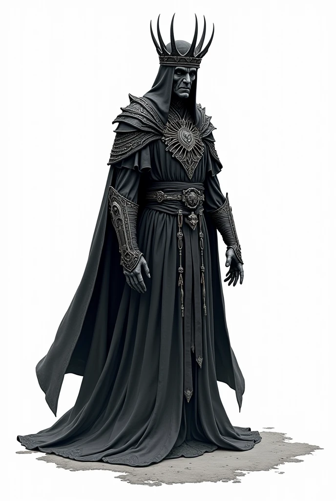 Drawing line art design for sticker of: The king of angmar from lord of the rings, floating Reaper, scyscraper, wear cros crown, dark Taoist robes, white background,