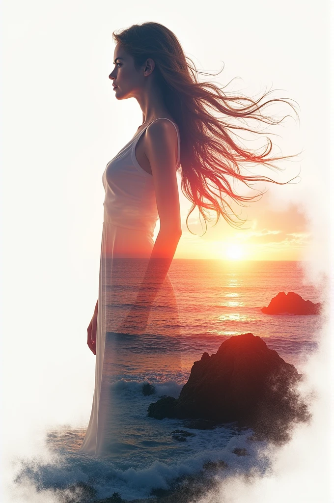 high quality, 8K Ultra HD, A beautiful double exposure that combines an goddess silhouette with sunset coast, sunset coast should serve as the underlying backdrop, with its details incorporated into the goddess , crisp lines, The background is monochrome, sharp focus, double exposure, by yukisakura, awesome full color,
