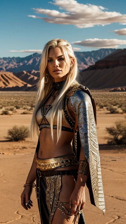 mad max movies style, A fierce warrior woman with long platinum blonde hair sits confidently on a large, desert landscape. She wears a matched suit adorned with gold-silver tribal motifs that resemble markings on the pattern of a lightweight. The woman holds a weapon adorned with matching ethnic patterns, and she has a fierce and concentrated look. Misty mountains in the background under a cloudy sky.