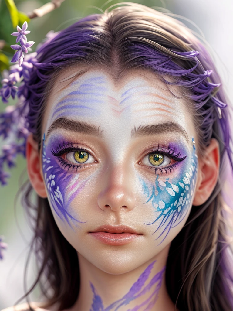 AlexandraLenarchyk, close up on face, focus on eyes, (watercolor lavender face paint:1.2)