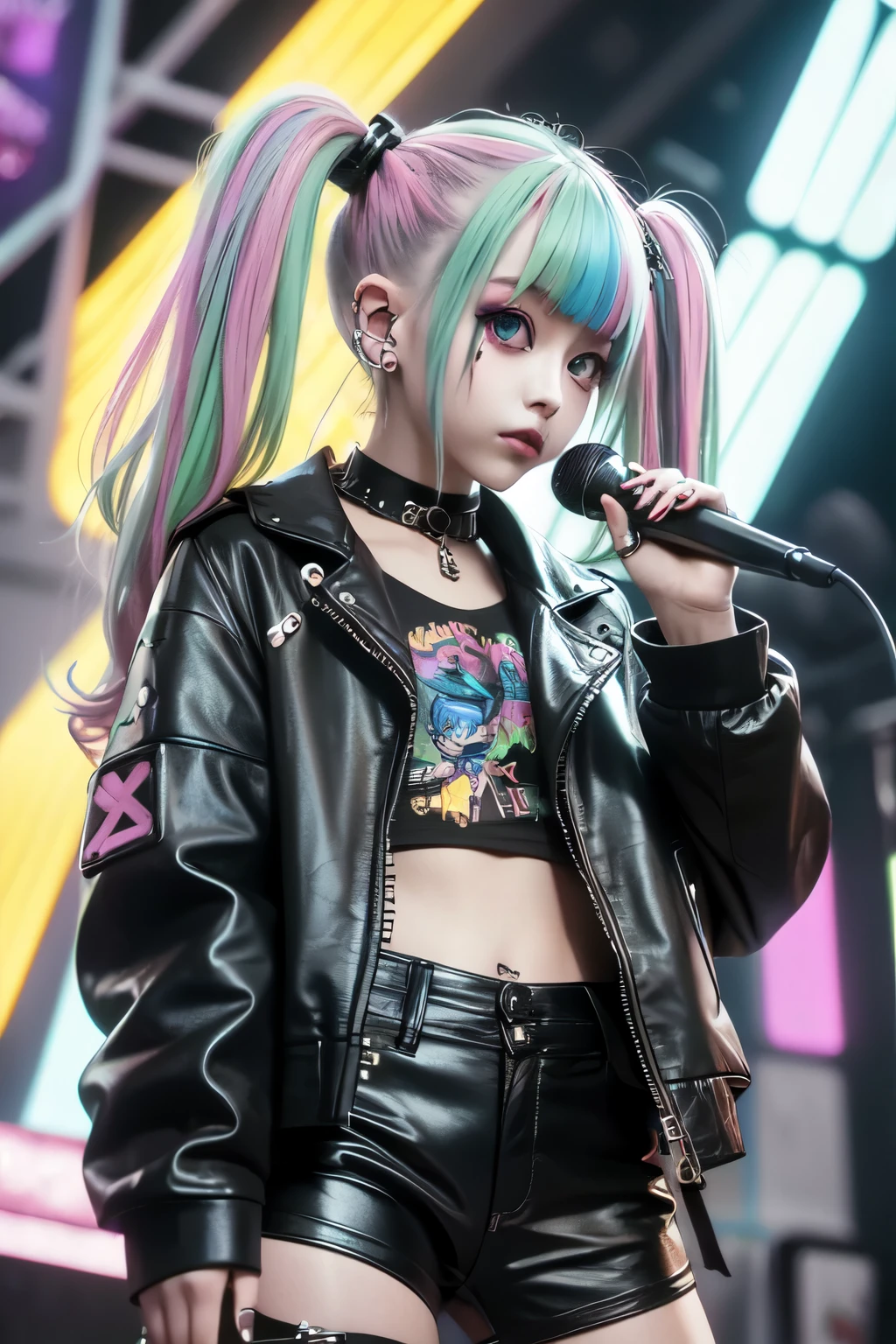 Colourful, bright atmosphere, high quality picture, masterpiece, reality, beautiful woman, big eyes, thin limbs, colourful make-up, blonde pigtails, wearing black leather jacket, hot trousers (wearing lots of metal accessories,) electric guitar Playing, on stage.