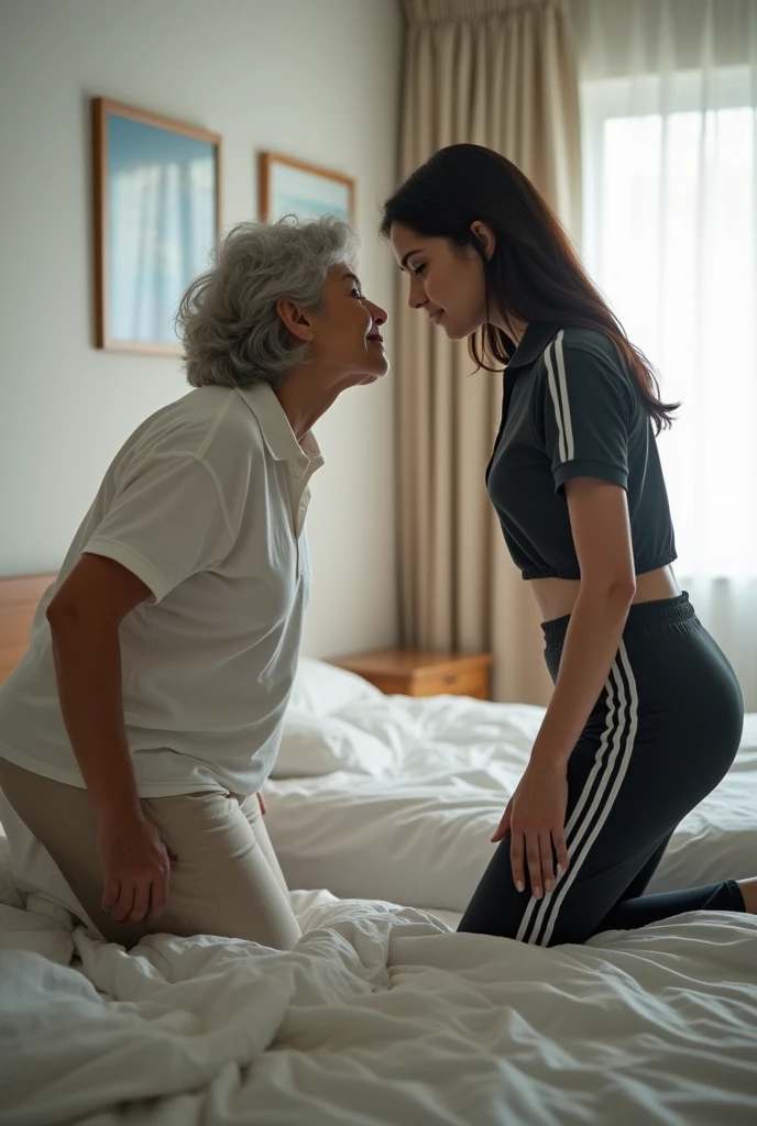 A 60-year-old woman is lying in bed, while a 20-year-old woman stands beside her, leaning over with her face close to the older woman's as they engage in conversation. The younger woman is bending deeply at the waist, her hips jutting out, with one hand resting on the bed for support. She is dressed in a polo shirt and athletic track pants, with strikingly beautiful features, reminiscent of a Korean pop star. The scene is viewed from behind the younger woman, who is standing at the edge of the bed.