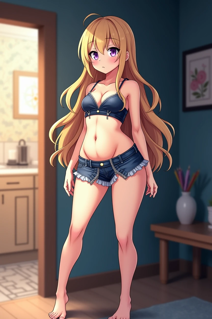 mini denim tight skirt,Skirt zipper fully open,Clothes that don't fit,Clothes that seem to be bursting,Miniryu Tube Top,stomach,belly button,Busty as if bursting,Underboob,Cleavage,barefoot,