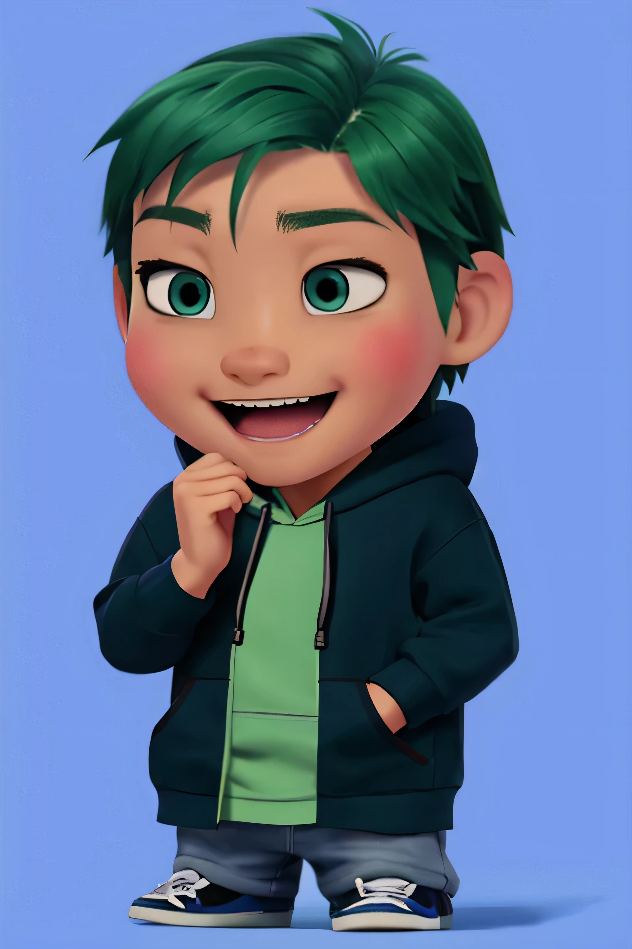 make avatar chibi boy with green hair, wear hoodie, background blank, laugh