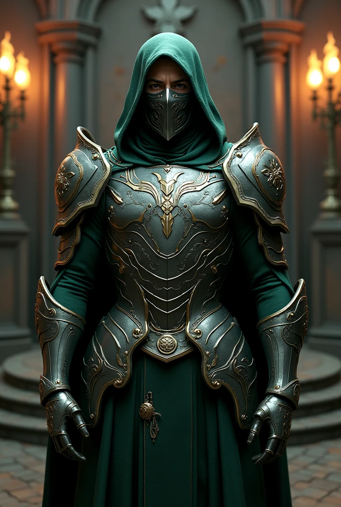 A sophisticated and regal figure who resembles Robert Downey Jr., adorned in an advanced, medieval-inspired suit of armor. The armor is a blend of deep green and metallic silver, showcasing a fusion of technology and sorcery with intricate patterns and arcane symbols etched across its surface. He wears a stern mask with a hood, revealing intense eyes that reflect wisdom and power. The background features a grand, dark throne room with gothic architecture, lit by flickering torches that cast dramatic shadows. His posture exudes authority and intelligence, hinting at a formidable presence.