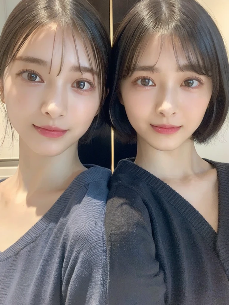 (masterpiece:1.3), (8k, Photoreal, Raw photo, best image quality: 1.4), Japanese high school girl、(random hairstyle:1.2)、cleavage:1.5、super detail face、eye for details、double eyelid、chest to chest、sharp focus:1.2、Beautiful woman:1.4、light brown hair、highest quality、masterpiece、超A high resolution、(Photoreal:1.4)、Highly detailed and professionally lit smiles、loose and light knitwear、shoulder out、thin、serious expression、short haired、deadly position
similar identical twins
All the girls have the exact same face, The two have the same face and figure, as if they were mirror images.