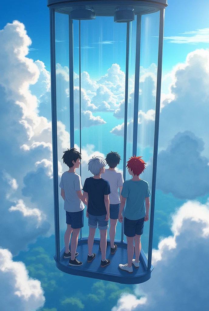 Anime boys in a sky view elevator