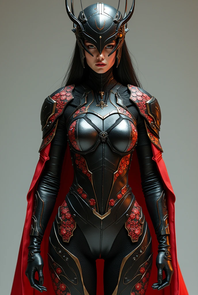 A female superhero in full body armor, featuring a sleek and sexy design with traditional Japanese elements. The armor covers her entire body, including her face, leaving no skin or mouth exposed. The design exudes strength and elegance, with intricate details and a futuristic aesthetic. The armor should have a form-fitting structure that highlights her powerful yet feminine silhouette, with subtle curves and sharp lines. Incorporate elements such as samurai or ninja-inspired details, including patterns reminiscent of traditional Japanese textiles, and motifs like cherry blossoms or dragon scales. The color scheme can include metallic shades, deep reds, blacks, and golds, with glowing accents that add a touch of modern technology.