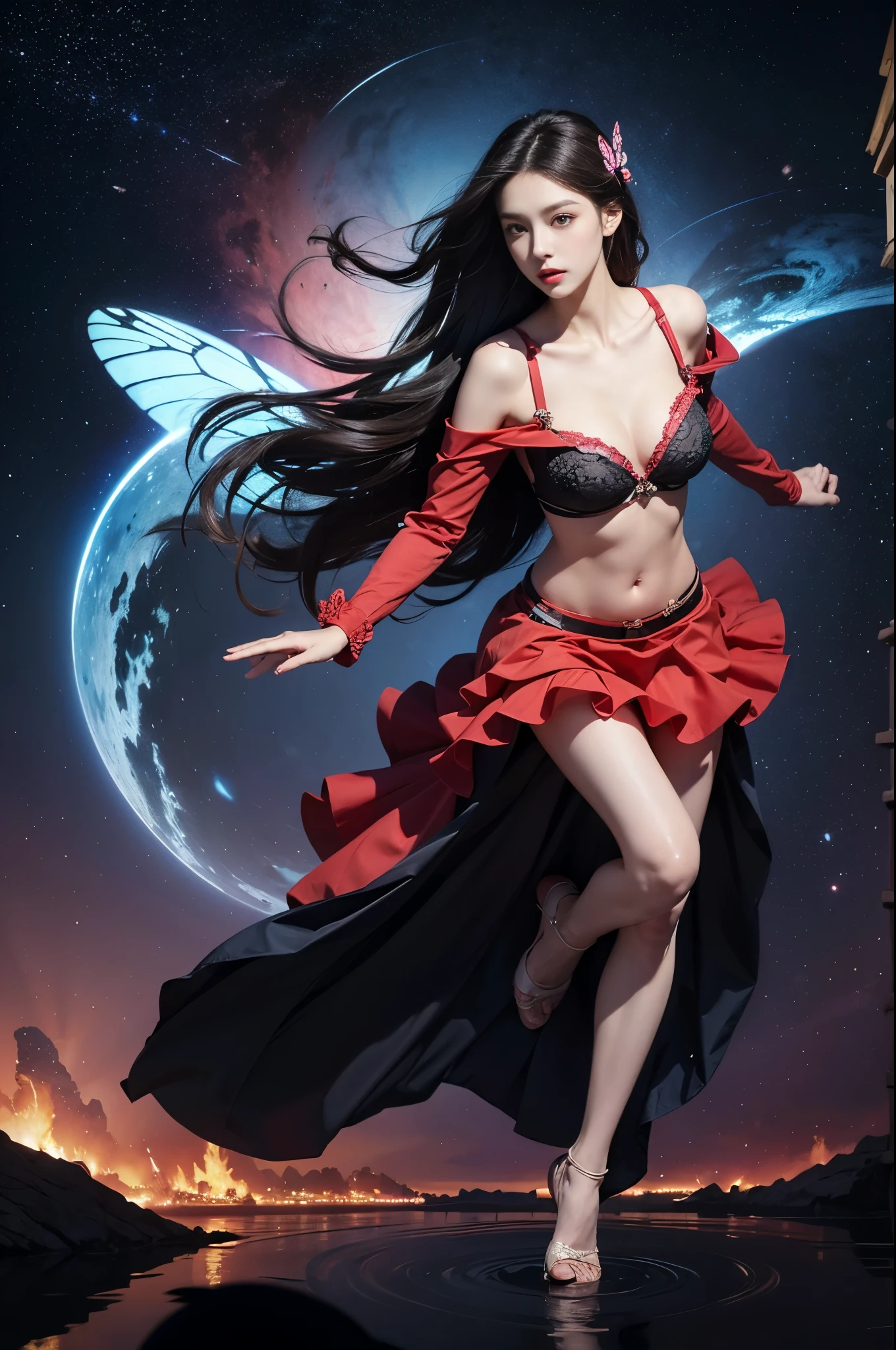 long sleeves, off shoulder bra navel layered skirt butterfly hair ornament graceful dance movements , Long legs , Calf((Flowing long hair))Official Art , Unity8k Wallpaper , Extremely detailed , Visible cleavage, Pretty and beautiful , Sexy long legs, masterpiece , best quality ,Practical, Very detailed illustrations ,Extremely detailed , Intricate details , Extremely complex and detailed , Very detailed 8KCG wallpaper , Caustics .reflection , Ray Tracing , Devil Theme ,nebula ,Dark aura, Network Effects , (1 Girl)Solitary , 小蓝Butterfly , Dozens of monarch butterflies around , (Blue plasma flame , (insect , Butterfly)) 圣光Butterfly天使 , Butterfly翅膀 , Pastel tones in Rococo style ,Light white and light dark red , Incredibly beautiful , Cherry blossoms , Surrealism ,painting , Ethereal , Mixing reality and fantasy elements ,Ray Tracing , Complex patterns , Delicate lines , Perfect your hands, Starry Sky , rich and colorful , Star
