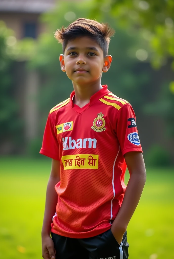 A boy wearing a rcb cricket shirt backful name kaiser*with number 56