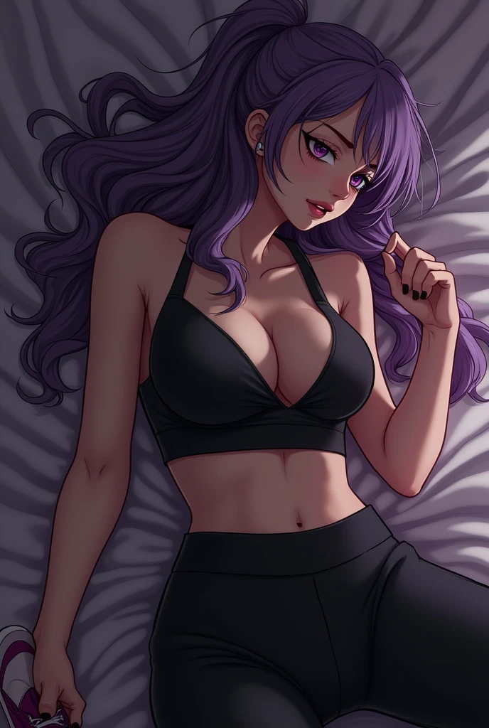 realistic image of a  girl Has large breasts,Wearing black sportswear and training, wearing purple shoes, having purple hair,Stabbed by a man in the breast So that the girl lay there weakly and helplessly. Because her breasts were stabbed with a knife