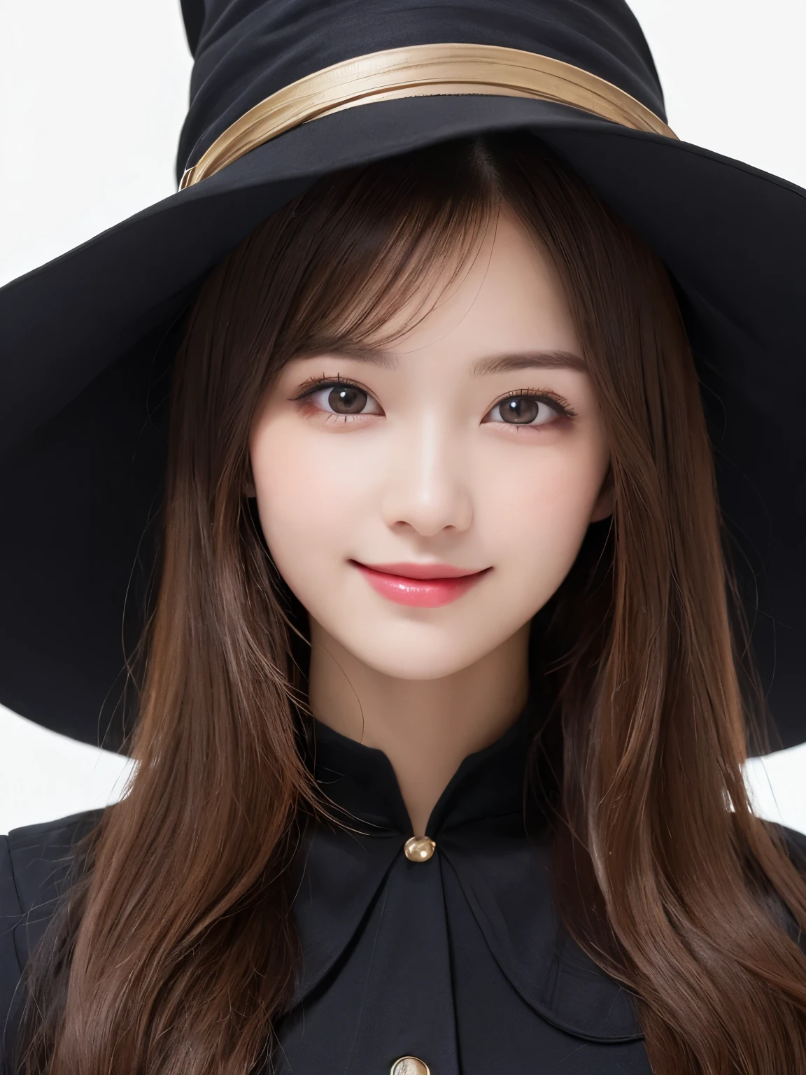 white background, half body portrait, bust shot, looks happy, smile, one girl, (a beauty girl, delicate girl:1.3), (20 years old:1.3), break, (witch costume, Witch hat, Witch clothes), break, very fine eyes, (symmetrical eyes:1.3), break, C cup breasts, brown eyes, parted bangs, brown hair, (smile), break, (eyes and faces with detailed:1.0), break, (masterpiece, best quality, ultra detailed, detailed face, 8k)