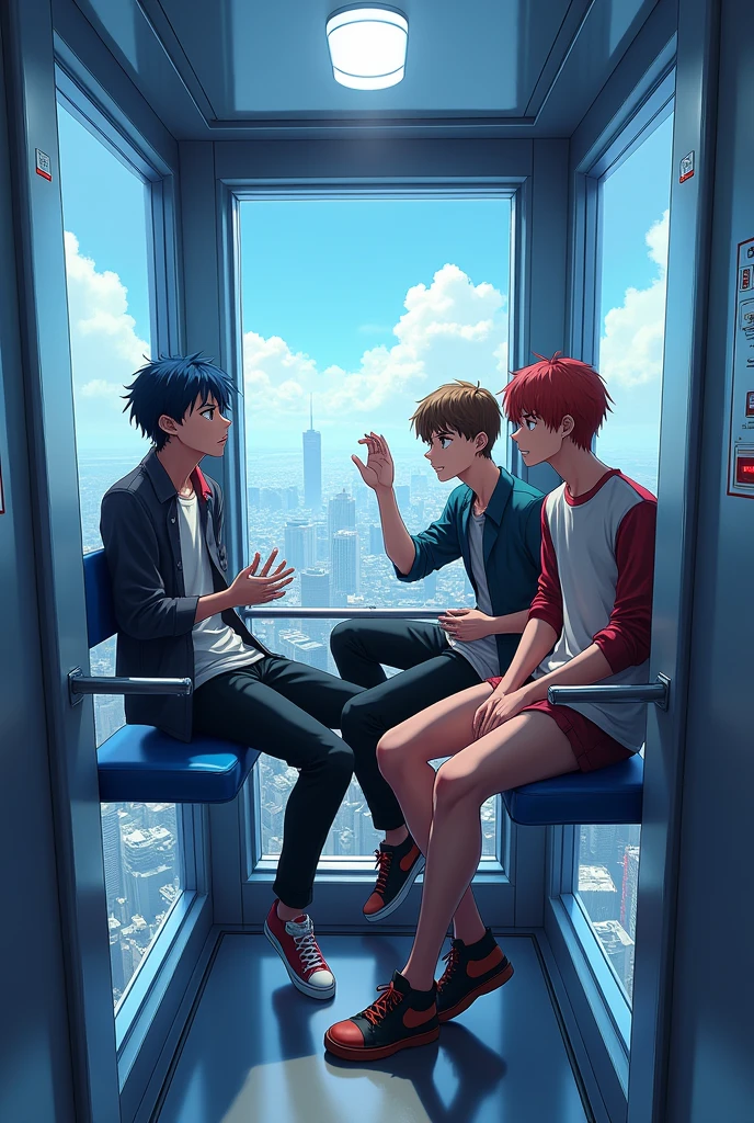 3 Anime boys in a view elevator
