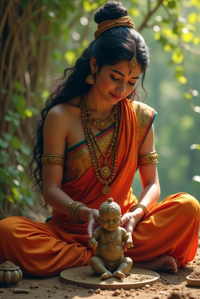 Maa parvati making a small human baby form using mud and clay
The clothes of maa parvati should be traditional indian saree