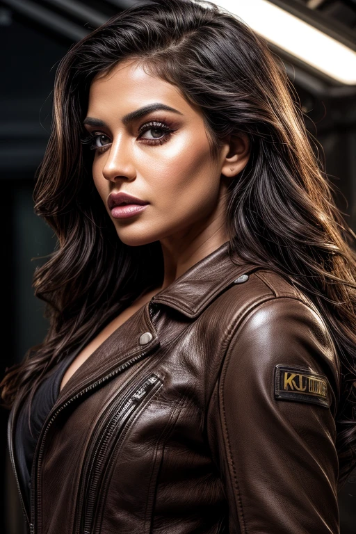 (best quality,4k,Alto:1.2),ultra-detalhado,Realistic, photo, professional, studio lighting, vivid colors, sharp focus, Physically-based rendering,HDR, extremely detailed eyes and face, beautiful detailed lips, long eyelashes,brown aviator leather jacket, Actriz Toochi Kash, woman 20 years, black wavy hair, Curvy, Looking at the Viewer,