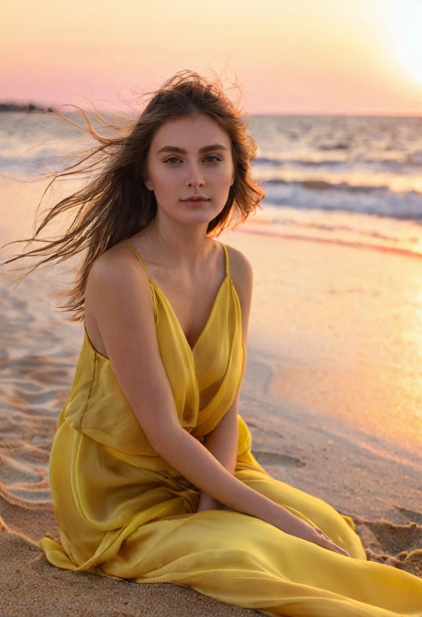 A girl with brown hair sits on the sand by the sea. In a yellow silk sarafan. looks straight into the camera. The waves are blown by the wind. There is a pink sunset in the background.