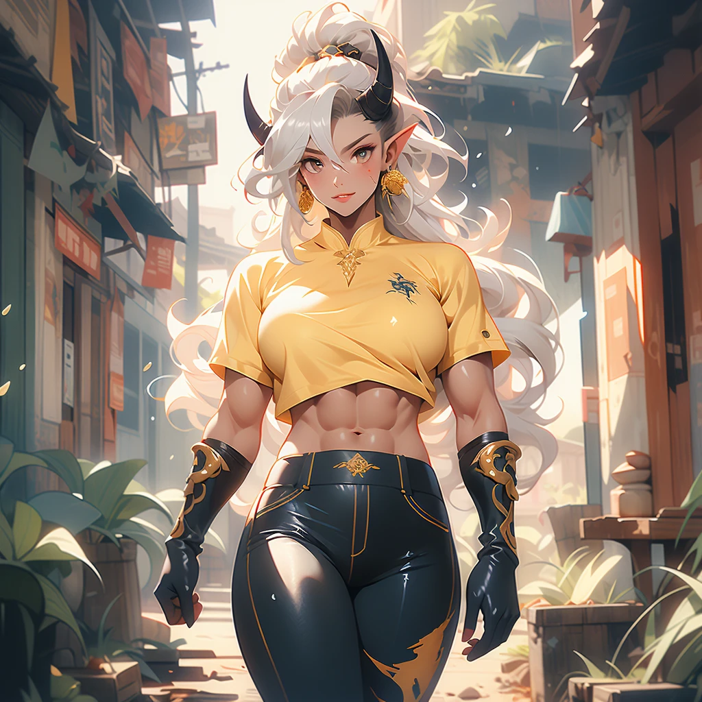 ((best quality)), ((masterpiece)), (detailed), 1 women pornstar elf dark knight, 8k_wallpaper, extremely detailed eyes, (large masterpiece digital art), (intricate details:1.3 ), (ultra-detailed:1.3), (sharp focus:1.3), (natural lighting:1.05), (vivid colors:1.3), (best quality:1.4), high quality, expressive eyes, full body, detailed face, beautiful face, perfect face, ((hair sandy white curls)), ((indigo horns)), (gold eyes), {{dark skin}}, ({dark skinned female}), big breasts, huge chest, powerful relief muscles of the abdomen and legs, powerful strong muscles of the arms, abdominal piercings, cruel predatory and cold-blooded arrogant look and smile, open kimono of yellow silk, white crop top with transparent wet cloth, under the clothes the clear outlines of large pointed nipples with piercings in the form of crosses appear, orange wide belt with large gold yarn, torn leather pants, the outlines of a wet vagina are clearly visible, walking along the road between the houses of a destroyed village, dark cruel fantasy style,
