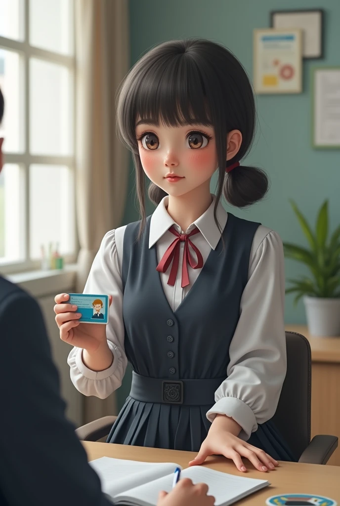 A high school girl is blunt bangs and small skinny body and blush crying and who came for a job interview is holding her hand on the desk and presenting her student ID card. The fat and naughty-faced boss is looking at her skirt