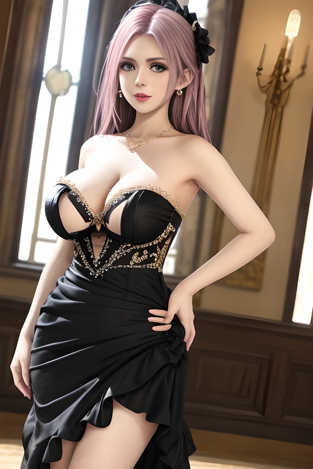 1girl is wearing an elegant black strapless dress. The perspective-dress is beautifully designed with ruching on the bodice and a cascading ruffled asymmetrical hem, adding a playful and chic touch to the outfit. The person is standing upright, with one hand gently touching their leg and the other hand relaxed by their side. The background is plain and neutral, drawing attention to the dress itself. The lighting is soft, highlighting the details of the dress and creating a fashionable and stylish atmosphere,, huge breasts, elise