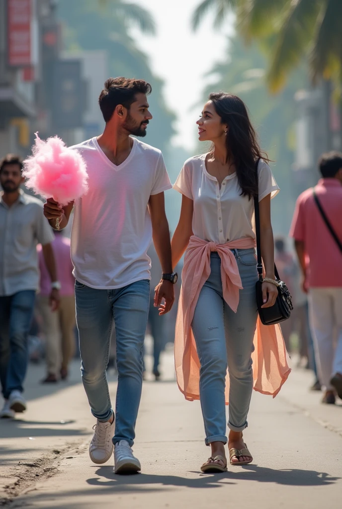 A boy age 27 south India from andhrapradesh wear jeans and t-shirt dusky skin and there was a girl age 25 north India from mumbai looks very modern she wears western dress looks very beautiful and active. Both them are walking on Mumbai streets suddenly they saw cotton candy cart.