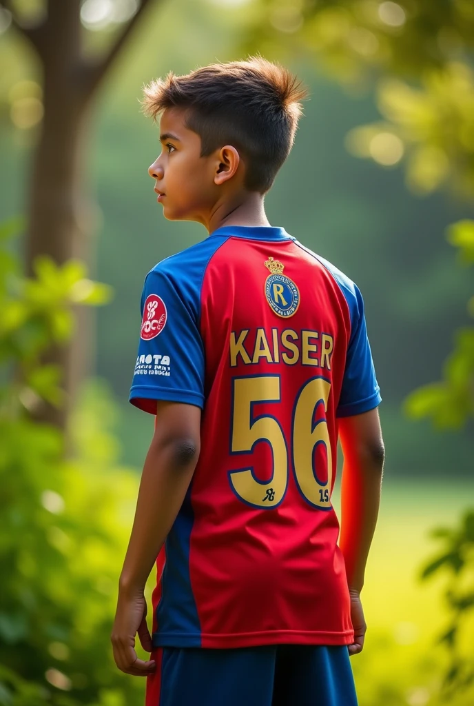 A boy wearing a rcb cricket shirt back name kaiser*with number 56