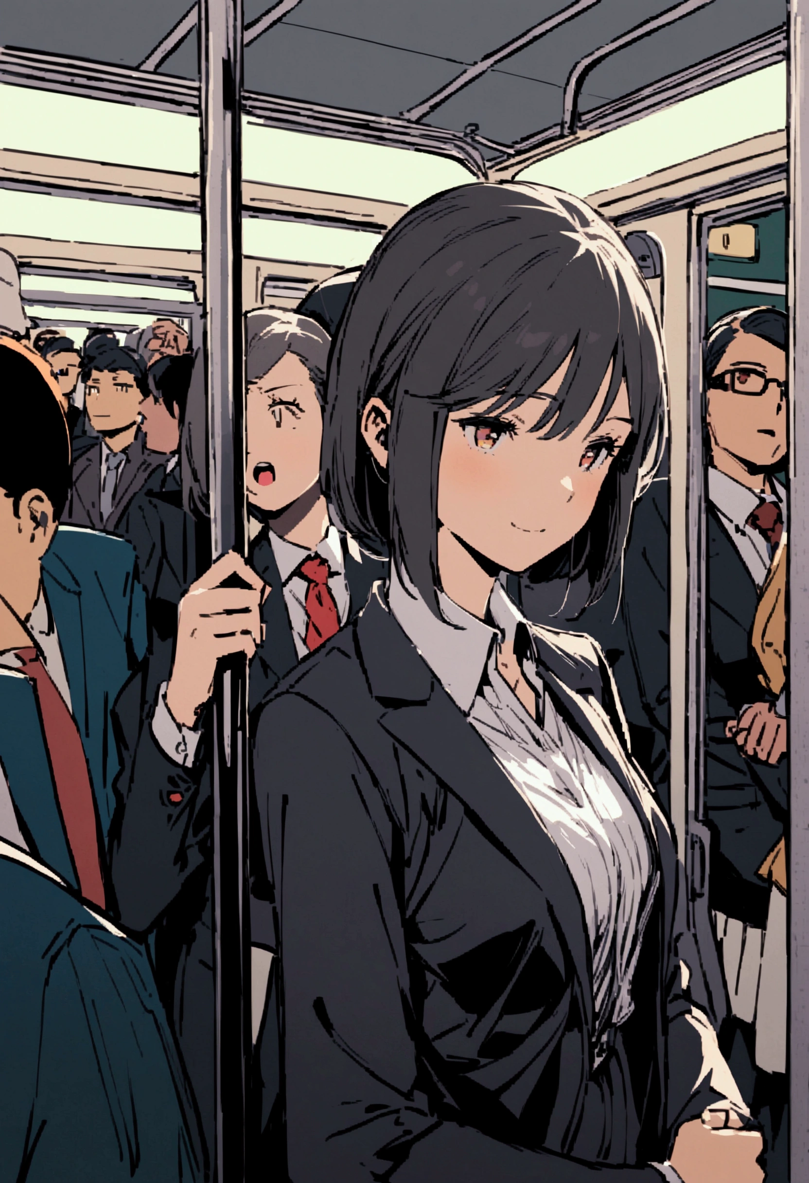 An office lady in a suit gets on a crowded train,Desk work in the office、Leaning on the sofa、Chatting with friends at a cafe、Working from home in casual clothes with a smile、Lying in bed