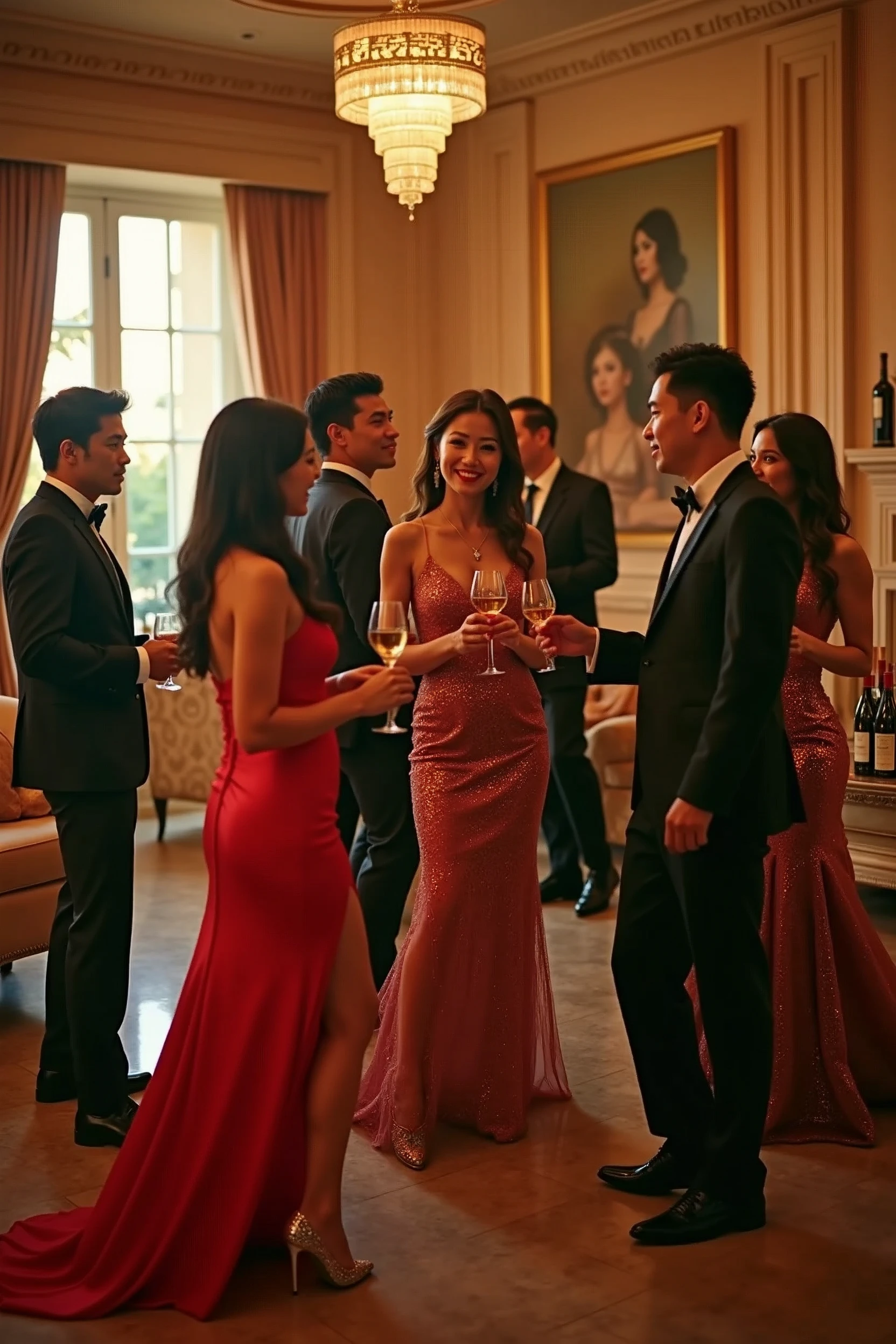 80s style,A group of fashionable people,Chinese,Parties,In the villa living room,evening,reunion,Reception,wine,Wine Tasting,Suit,High heel(Rich details),(Best quality),Film Style