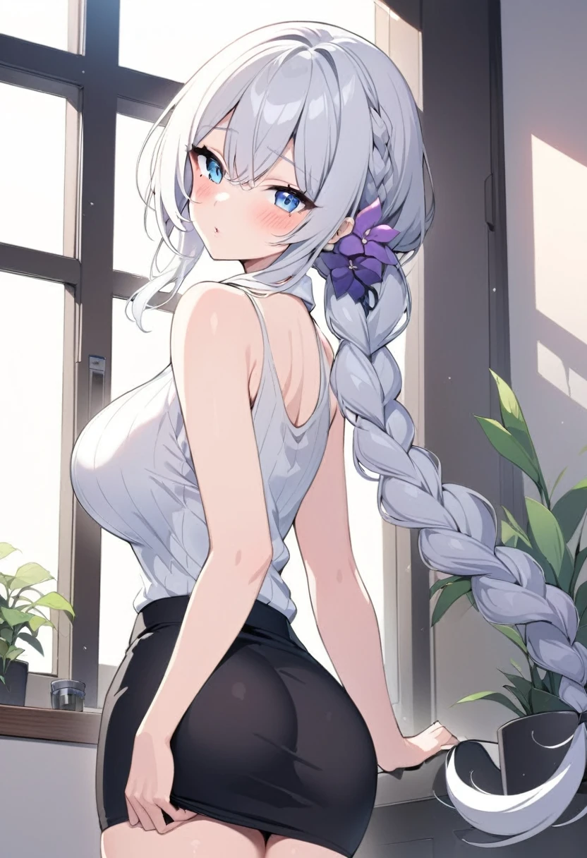 masterpiece, ultra-detailed hair, better lights, better shadows,1girl, yukino, breasts, skirt, silver hair, solo, long hair, large breasts, blue eyes, braid, ass, looking at viewer, braided ponytail, hair ornament, sleeveless, hair flower, black skirt, shirt, indoors, flower, looking back, bangs, bare shoulders, pencil skirt, from behind, window, thighs, mole under eye, sleeveless shirt, mole, white shirt, blush, bare arms, office lady, very long hair, plant, contemporary, parted lips, miniskirt, single braid, closed mouth, purple flower, pantylines, ribbed shirt,