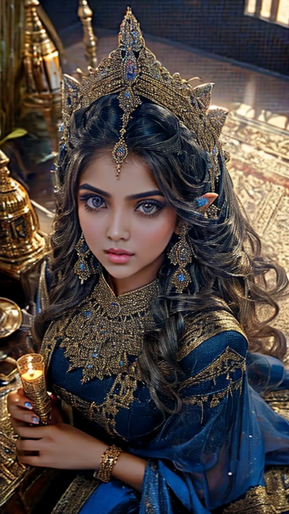 Selfie from above pov, Extremely detailed, women, elven, Pakistani women, beautiful body, wearing traditional (navy blue and golden), beautiful enormous size breast, beautiful face,  extremely detailed cat eyes, sexy look, light pink lips, making pout, background lighting 