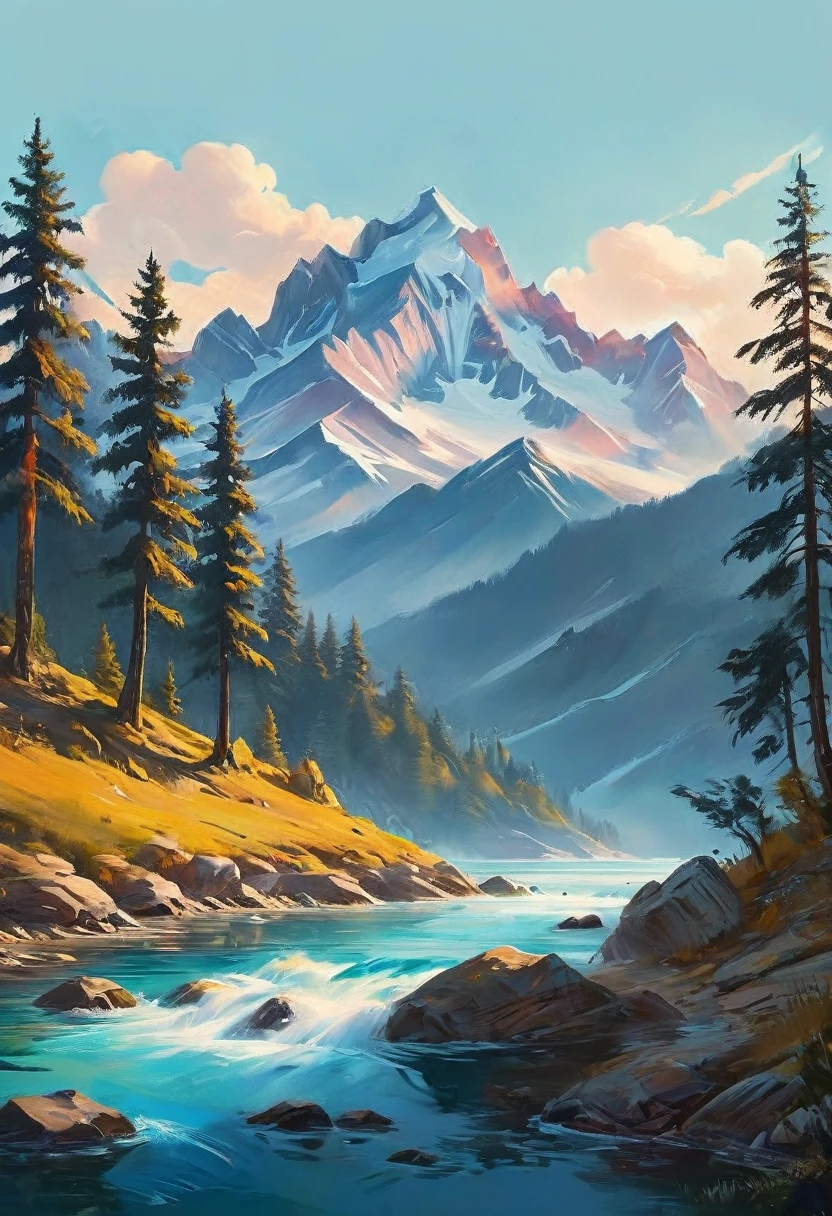 impressive painting of a mountain with trees and water, a detailed painting by Petros Afshar, shutterstock contest winner, environmental art, detailed painting, outlined art, 2d game art, isolated background for logo, strong contours, logo design
