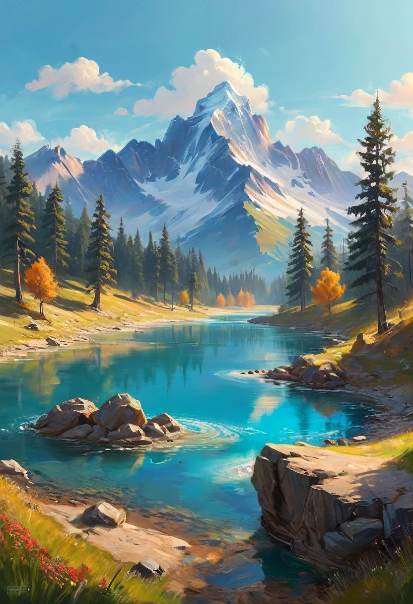 impressive painting of a mountain with trees and water, a detailed painting by Petros Afshar, shutterstock contest winner, environmental art, detailed painting, outlined art, 2d game art, isolated background for logo, strong contours, logo design